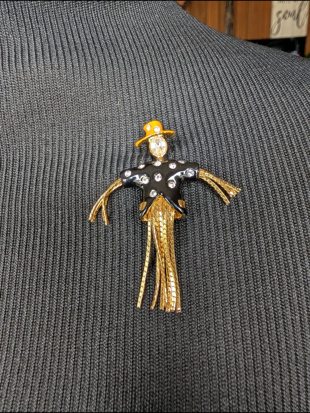 Scarecrow Brooch Lapel Pin Chain Legs & Arms Orange Hat Black Shirt Faux Gems 2